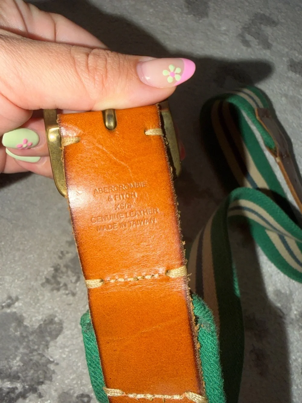 Abercrombie & Fitch Green and Cream Striped elastic belt with Brown Leather